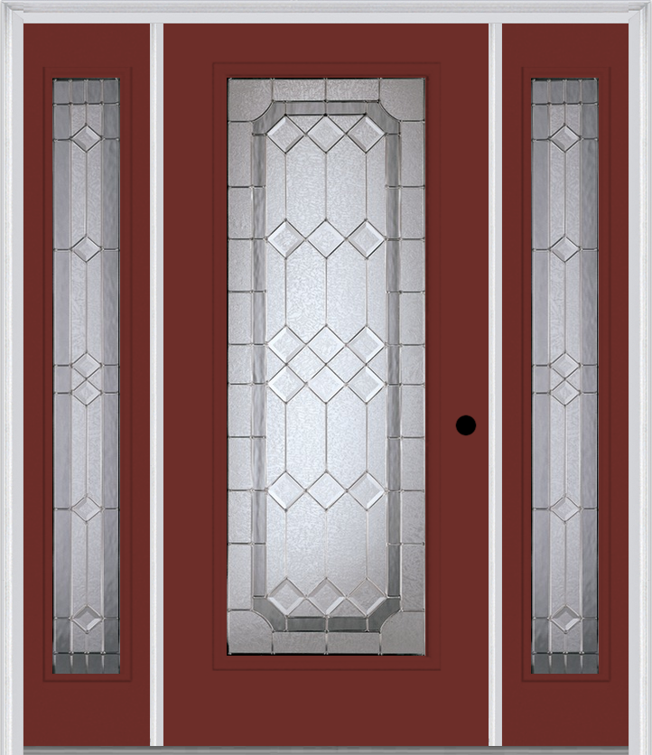 MMI Full Lite 6'8" Fiberglass Smooth Majestic Nickel Exterior Prehung Door With 2 Full Lite Majestic Nickel Decorative Glass Sidelights 686